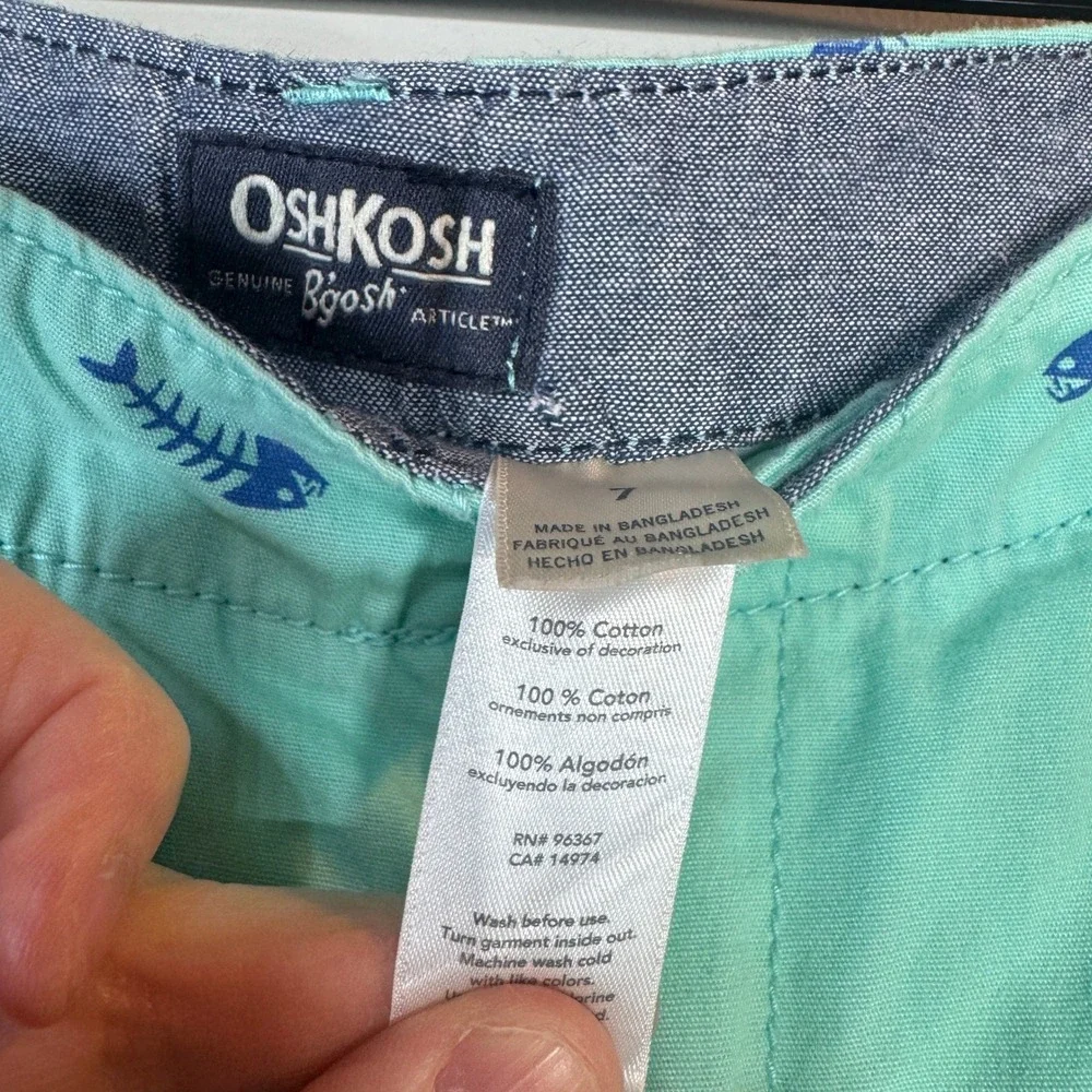OshKosh Fish Skeleton Print Chino Shorts Boys 7‎ Mint Nautical Summer Preppy